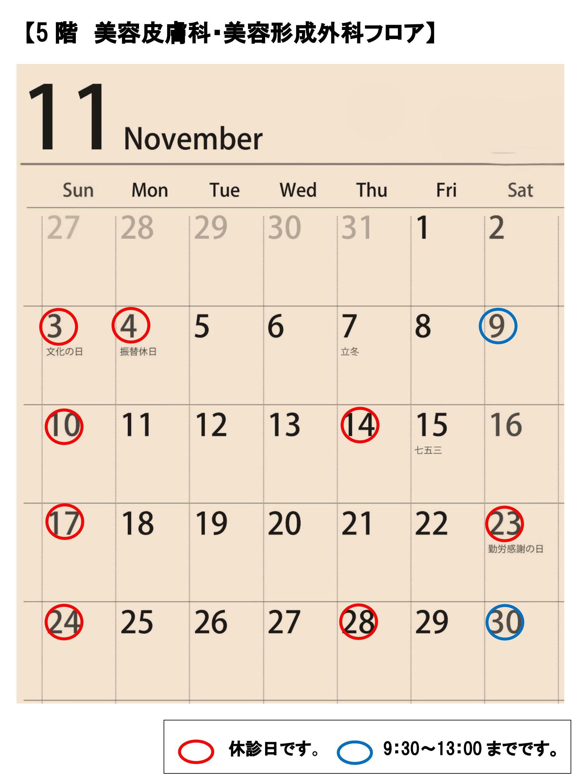 赤坂クリニック本院11月診療日