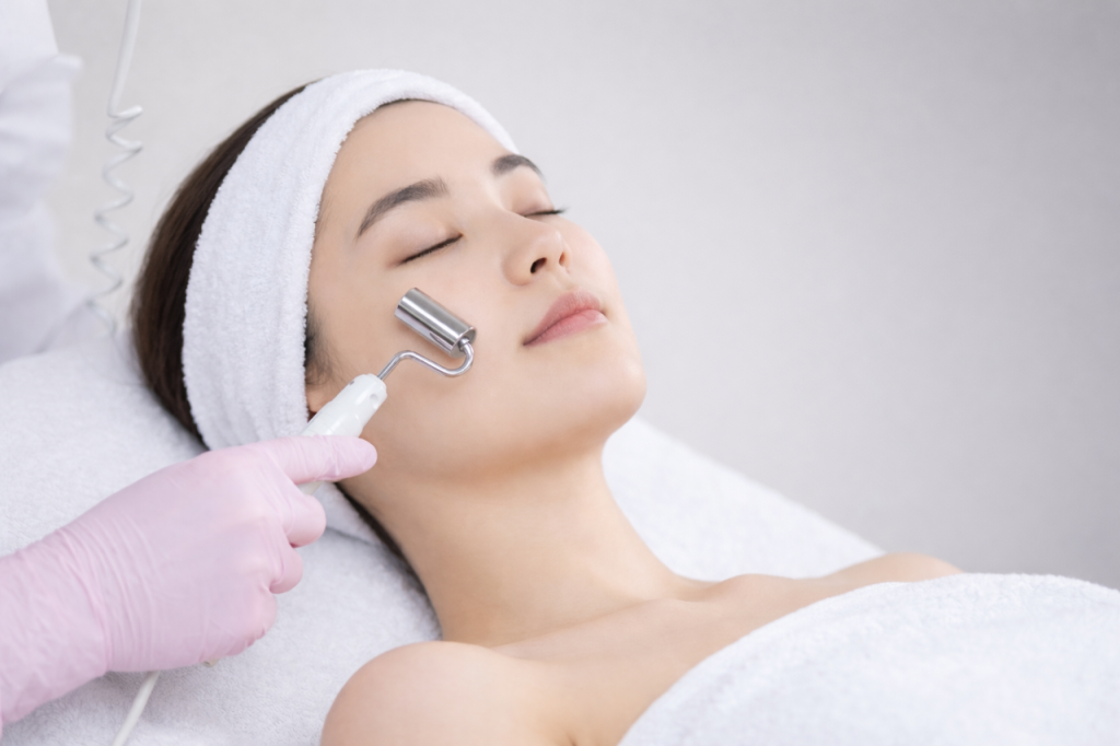 イオン導入する女性、美容皮膚科、フェイシャル施術